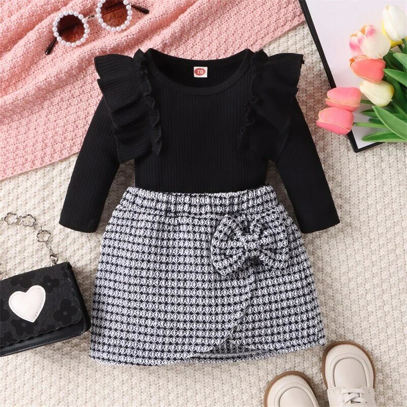 Toddler Baby Girl Outfits Fall Winter Clothes Turtleneck Ribbed Long Sleeve Ruffle Knit T-Shirt Tops Plaid Mini Skirts Set