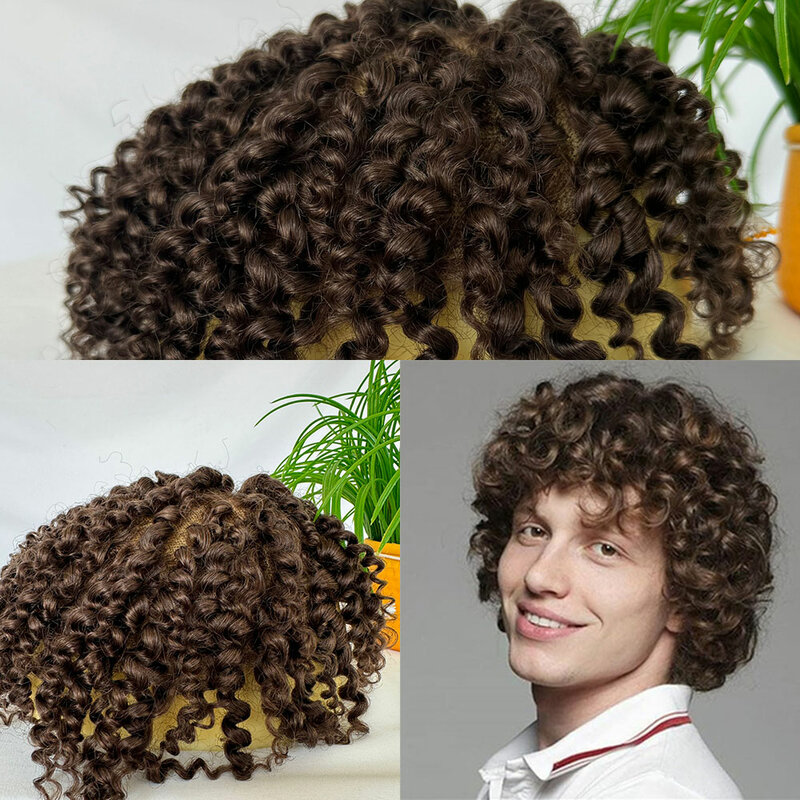 Wig keriting rambut manusia Pria, pengganti penuh renda rambut palsu Swiss untuk Pria Hitam 10x8 inci cokelat #4 warna