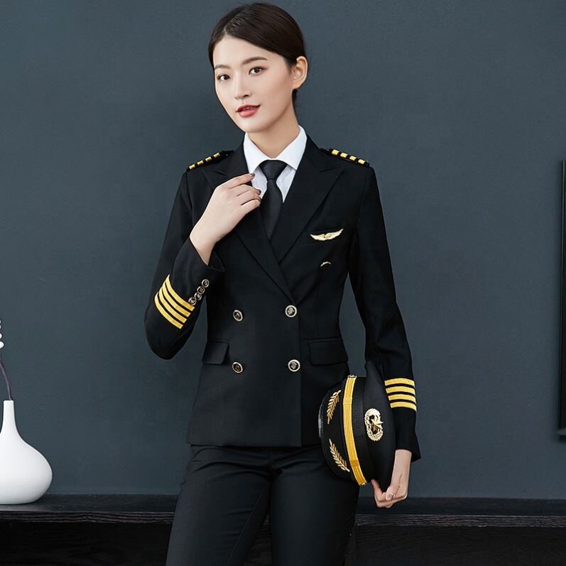 Pilot Captain Aviation Uniform abbigliamento da lavoro femminile assistente di volo abiti giacca pantaloni vendite salopette Reception dell'hotel personalizzate