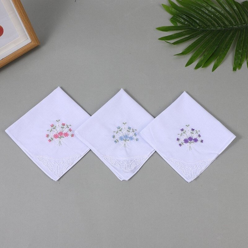 MultiUse Plain Handkerchief Embroidered Flower White Kerchief Towel for Women T8NB