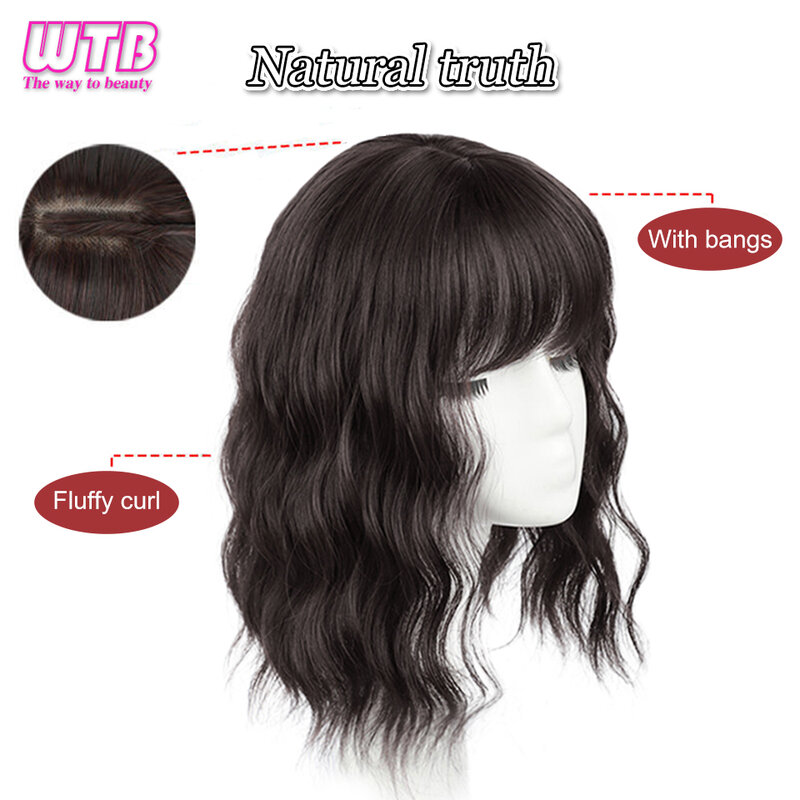 WTB Wig sintetik wanita, rambut palsu alami bergelombang halus tutup tidak terlihat rambut putih dengan poni
