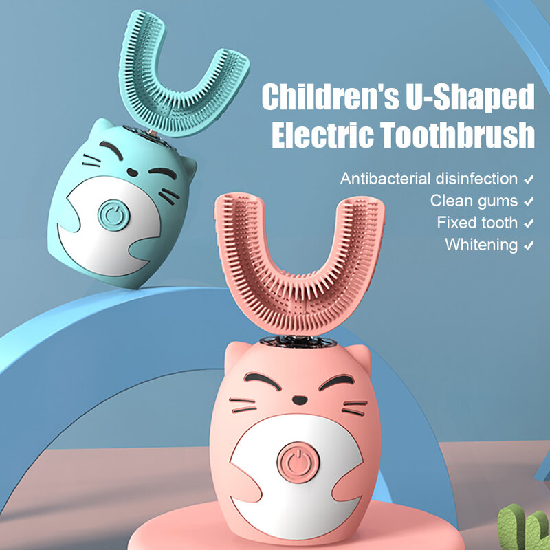 어린이용 귀여운 만화 칫솔, U자형, 360 도 실리콘 칫솔, 자동 초음파, 어린이 칫솔, 치아 관리