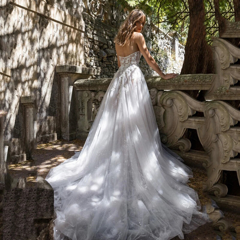 Elegante vestido de novia con apliques de encaje, traje de novia sin mangas con escote Corazón, abertura lateral alta, estilo bohemio
