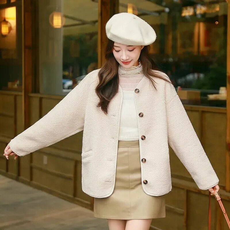 Jaqueta de pele de cordeiro imitate para mulheres, casaco integrado de couro e pele, top curto, casacos femininos, primavera, outono, inverno, nova moda