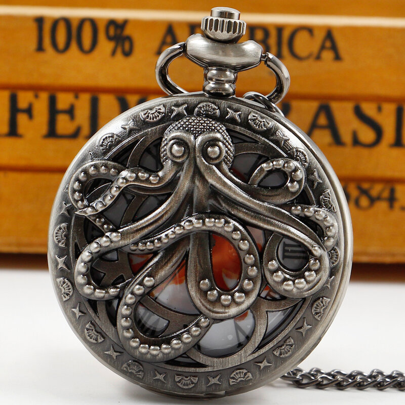 Vintage ośmiornica z klapką pusta zegarek kieszonkowy modny Unisex naszyjnik kwarcowy metalowy zegar dla mężczyzn kobiet Retro pamiątka