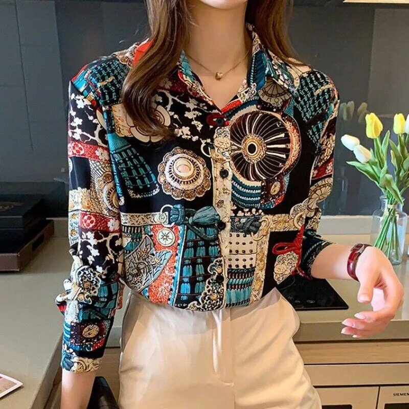 Estilo popular vintage impresso camisa moda roupas femininas primavera outono all-match manga longa botão turn-down colarinho blusa