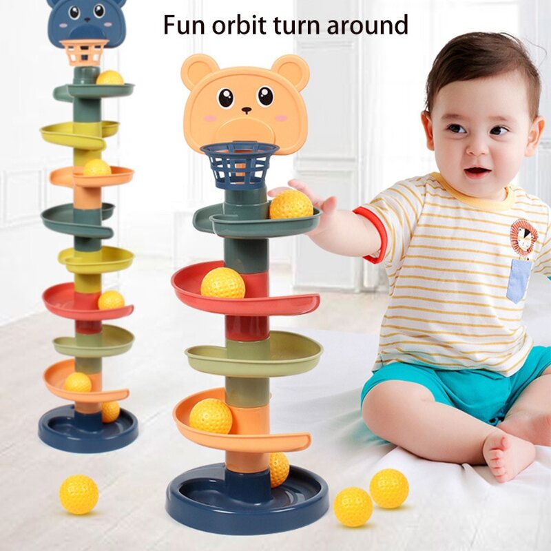 아기의 던지기 게임 장난감 트랙 볼 드롭 플레이 세트, 2-in-1, 어린이용 재미있는 빌딩 타워, 미세 모터 슬라이드 포함