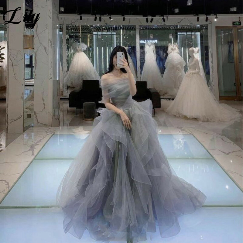 Lily Grey Tulle Special Occasion Dresses Tiered Layer A Line Formal Gown Off the Shoulder Long Evening Dress vestidos de fiesta