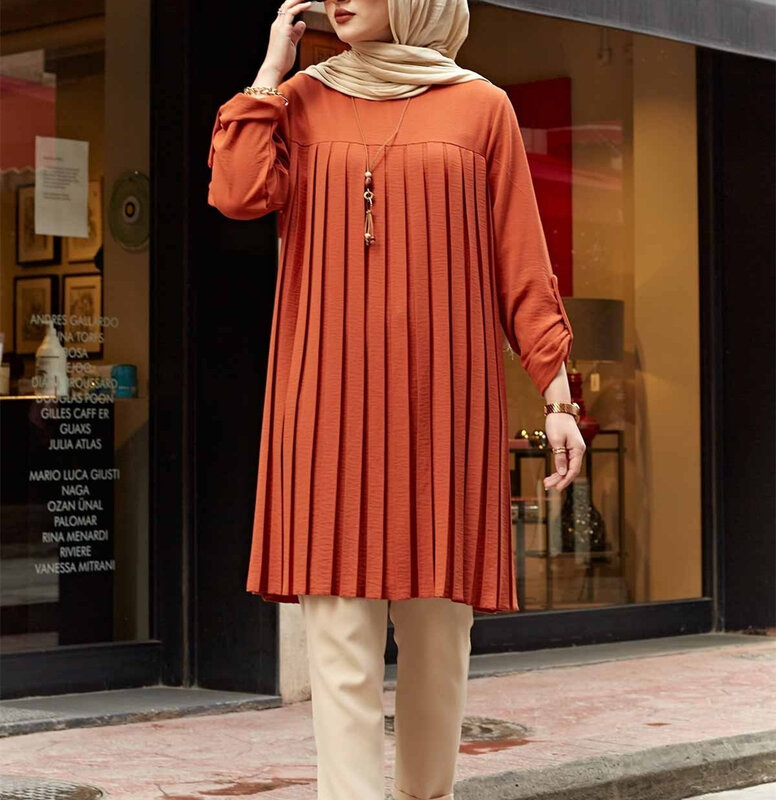 Moslim Geplooide Blouse Voor Meisjes Vrouwen Hot Tops Verstelbare Mouw Blauw Groen Zwart Shirt Islamitische Kleding Zomer O-hals Streetwear
