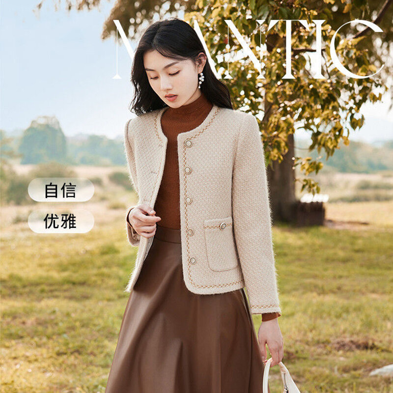 Jaqueta de peito único feminina, casaco elegante, outwear gola redonda, tudo combina, design senhora do escritório, coreano, outono, inverno