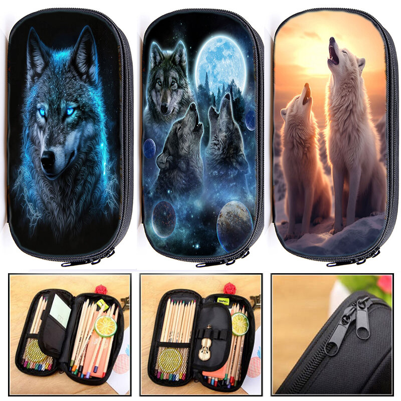 Howling Wolf Pencil Case Makeup Box Kids White Wolves Pencil Bag Multifunction School Stationery Bag Supplies Zipper Organizer
