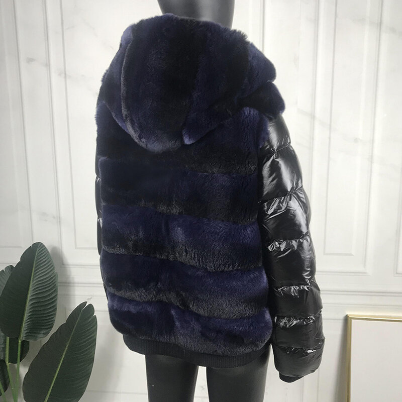 Abrigo de piel de conejo Real Rex con capucha, chaqueta de plumas, mangas, chaqueta bomber de piel Real, chaqueta con capucha