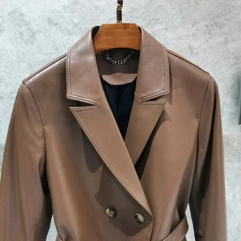 여성용 진짜 100% 양가죽 코트, 더블 브레스트 벨트 슬림 정품 가죽 블레이저 재킷, 용수철 가을, 2024 신상 패션