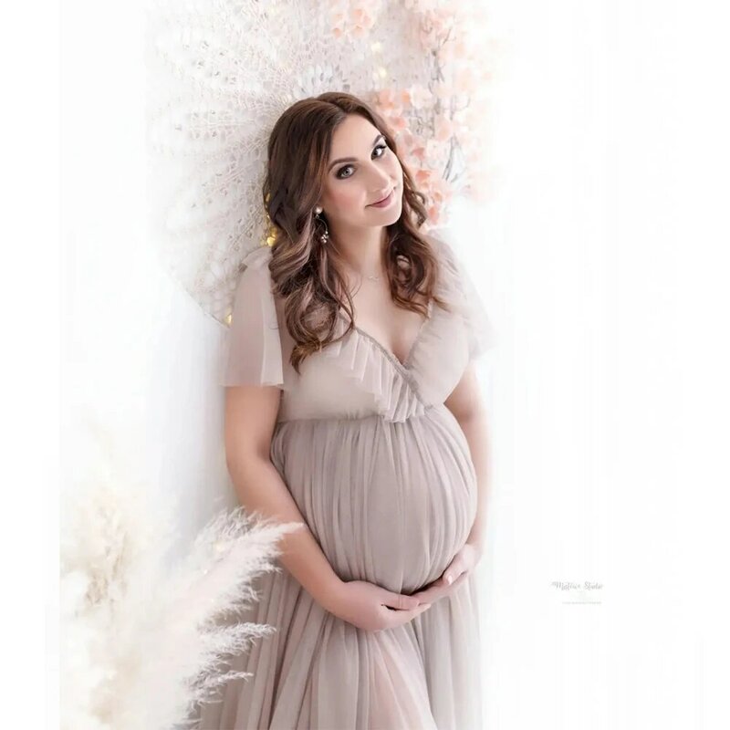 Rekwizyty do fotografii ciążowej seksowna jasny szary tiulowa sukienka długie szaty Baby Shower sukienki na przyjęcie sukienka sesja zdjęciowa w ciąży