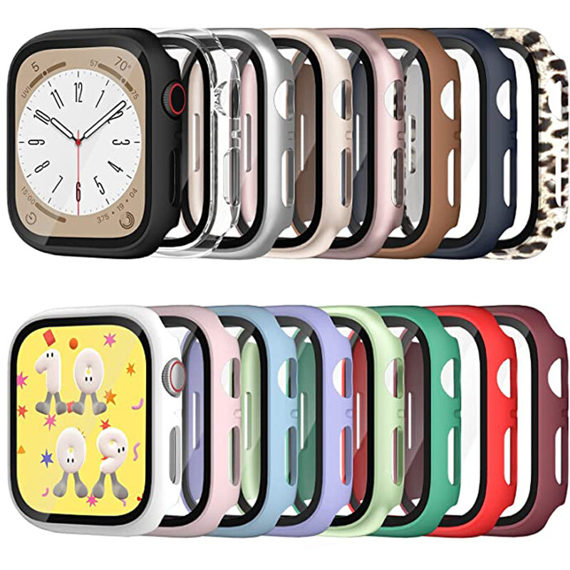 For Apple Watch Case 44mm 40mm 38mm 42mm 41mm 45mm PC bumper Screen Protector Tempered Glass+Cover iWatch series 8 7 6 5 4 3 se