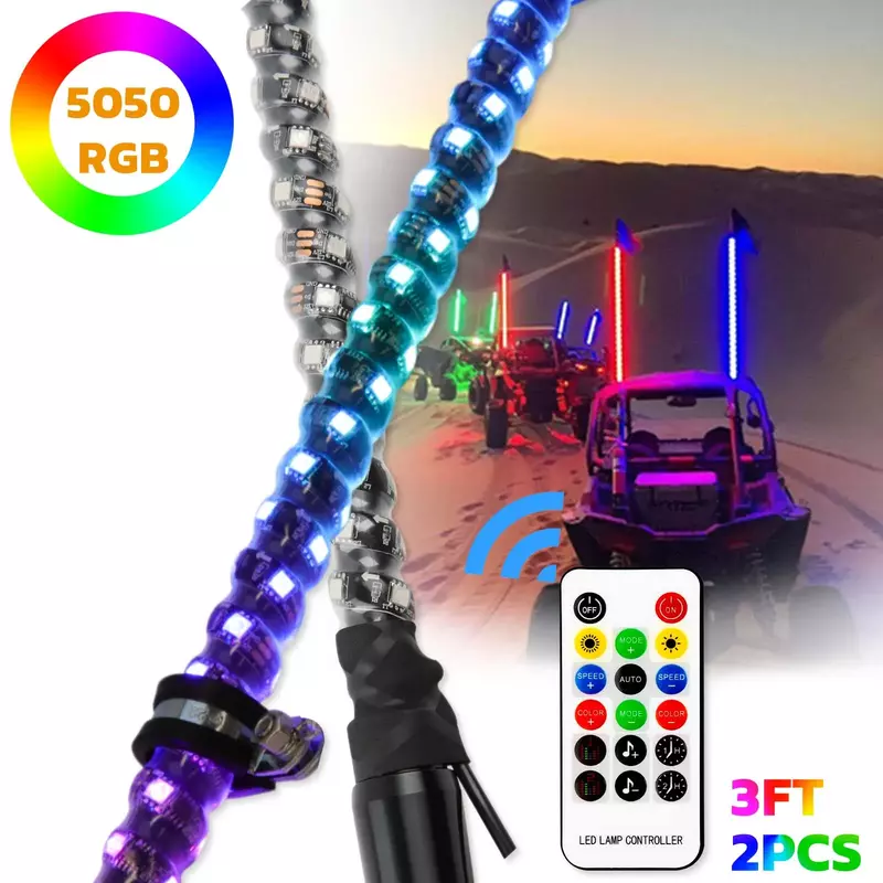 Látigo de luces LED en espiral con Bluetooth y Control remoto, látigo de antena iluminado para ATV Polaris RZR, lámpara de asta de bandera, colorido, 1/2 piezas, 3 pies