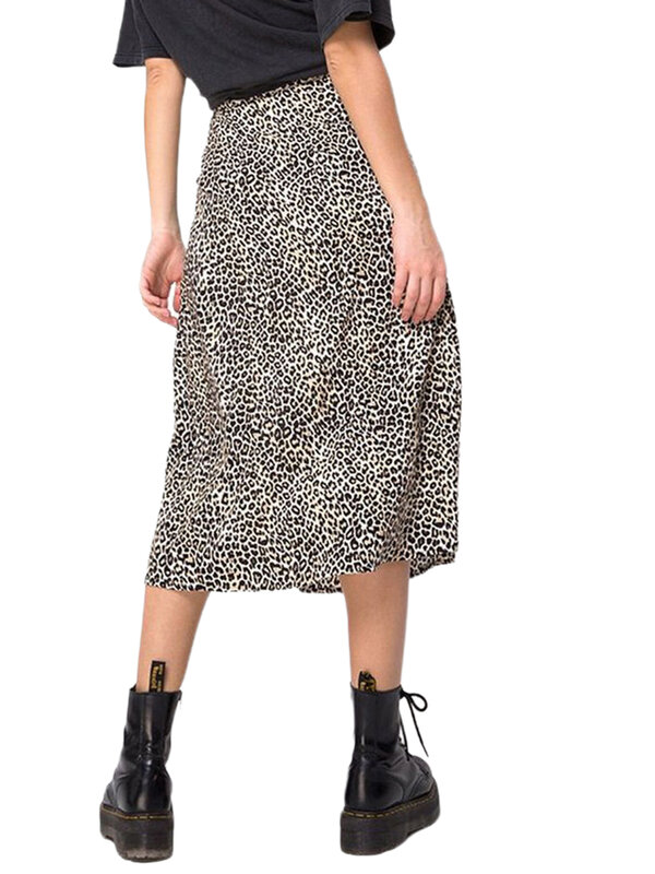 Женская Повседневная Юбка-миди с леопардовым принтом, юбка с высокой талией и разрезом сбоку, летняя трапециевидная юбка с запахом