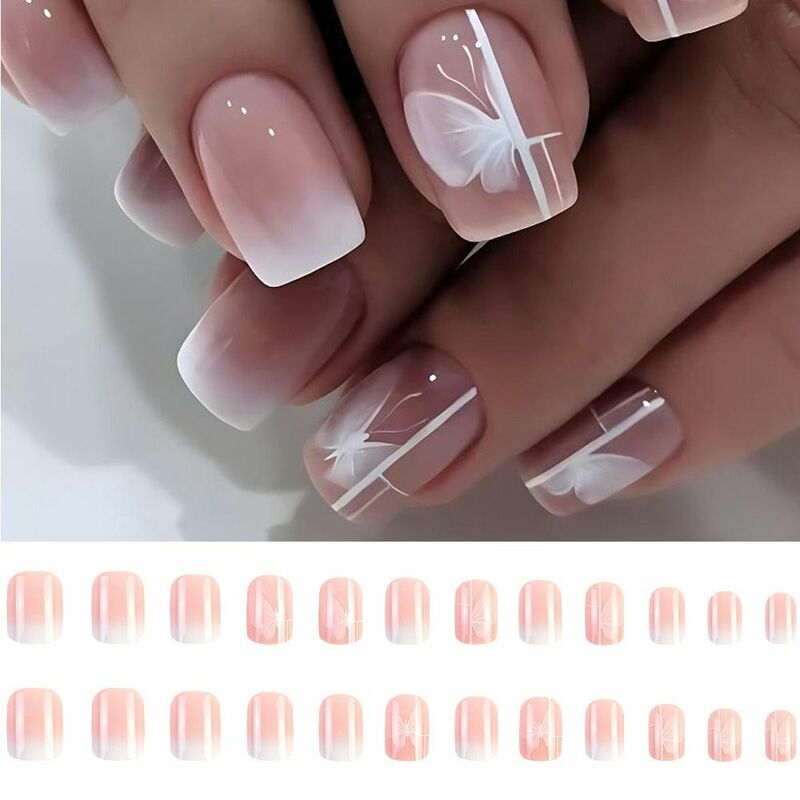Short Square False Nails Fashion White Butterfly French Press on Nails Detachable Full Cover Nail Tips DIY