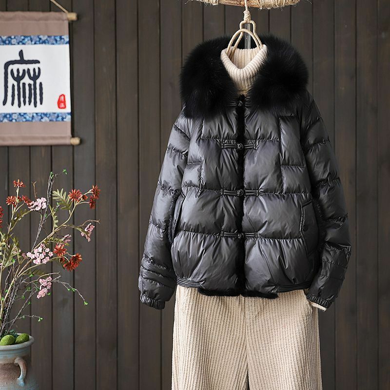 여성용 두꺼운 다운 코트, 짧은 화이트 덕 다운 따뜻한 겨울 코트, 밍크 헤어, 트루 폭스 칼라 코트 재킷, 2023 신상 패션