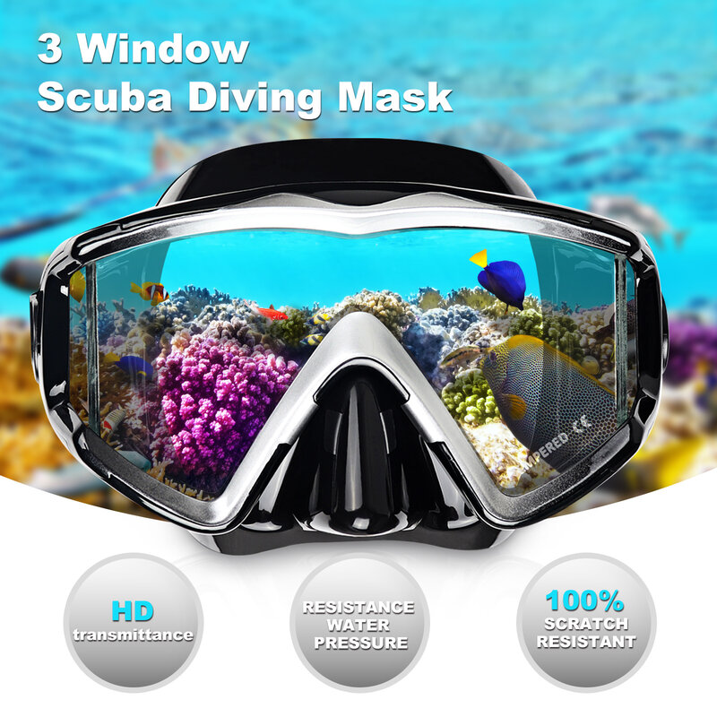 Pano Set Masker selam kacamata Tempered, masker selam atas kering 3 jendela, masker selam tanpa bocor untuk Snorkeling