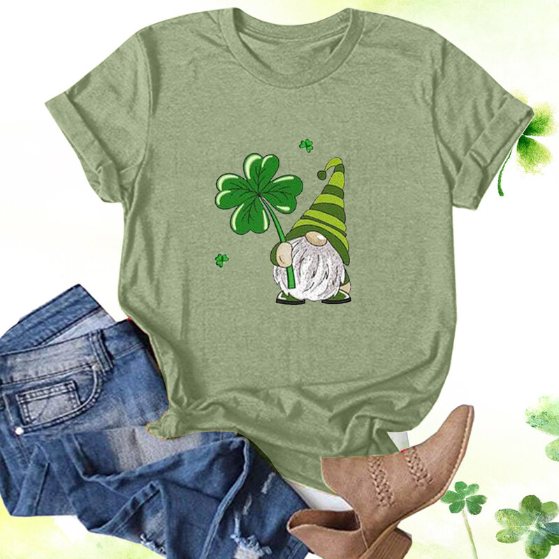 Women's Fashionable Round Neck Short Sleeved St. Patrick's Day Love Pattern Printed T Shirt Tops Loose Casual Female Blouse