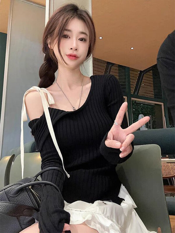 Fashion Knitted Pullover Women Street Vintage Lace-up Long Sleeve Female Sweater 2024 Spring All-match Slim Solid Lady Knitwear