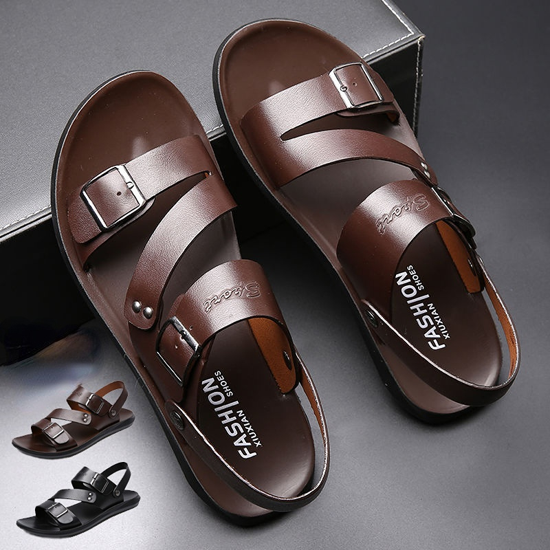 Fashion Comfortable Men's Sandals Solid Color Open Toe Mens Leather Sandals 2023 New Slippers Beach for Male Leather Footwear