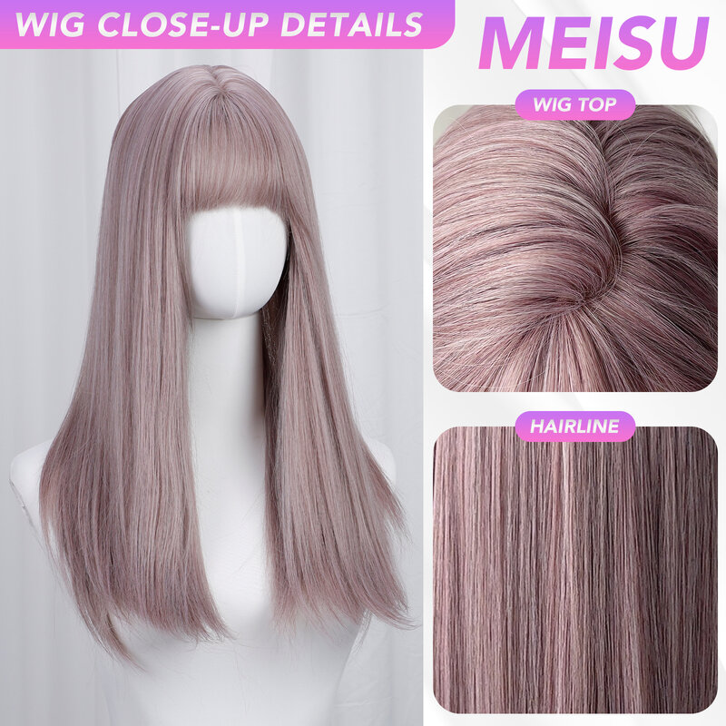 MEISU-peluca recta con flequillo de aire para mujer, cabellera sintética de fibra de 24 pulgadas, color gris y morado, resistente al calor, ideal para fiesta o Selfie, uso diario
