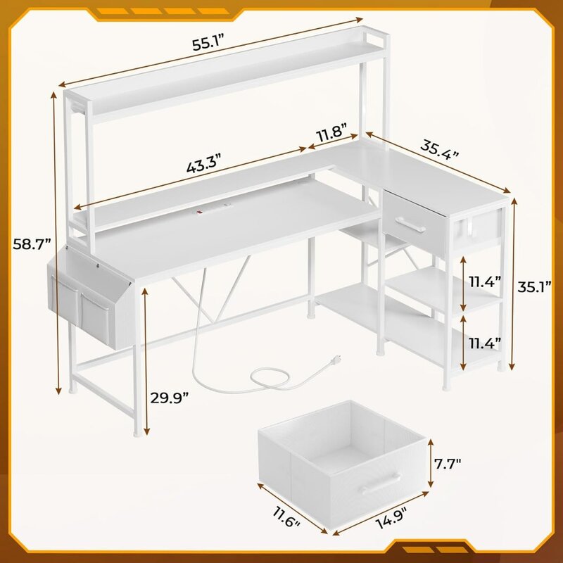Белый L-образный стол с шаговым швом, угловой стол 55 дюймов с полками для хранения и тканевым ящиком, L-образный игровой стол с рандомным освещением