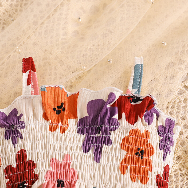 Летние комплекты из 2 предметов для маленьких девочек, верх без рукавов с рюшами и цветочным рисунком, расклешенные брюки, 2024-04-02