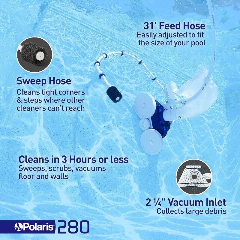 Polaris Vac-Sweep 280 Pressure-Side In-ground Pool Cleaner, Double Venturi Jet Powered,31ft of Hose with an All Purpose Debris