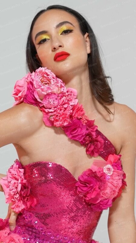 Graceful Hot Pink One Shoulder Floral Dress Mini Length Sequins Crystals Cocktail Dresses Luxury Plus Size Party Gowns