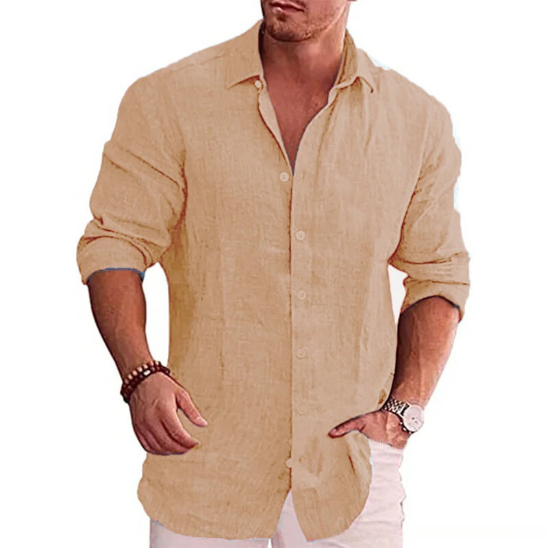 Рубашка мужская с длинным рукавом, хлопково-Льняная блуза, Повседневная стильная блуза, однотонная, осень