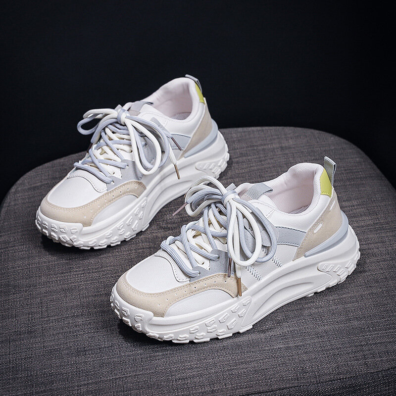 Sepatu kasual sol tebal wanita, sepatu kets pelajar serbaguna kulit Korea sol tebal musim gugur 2023