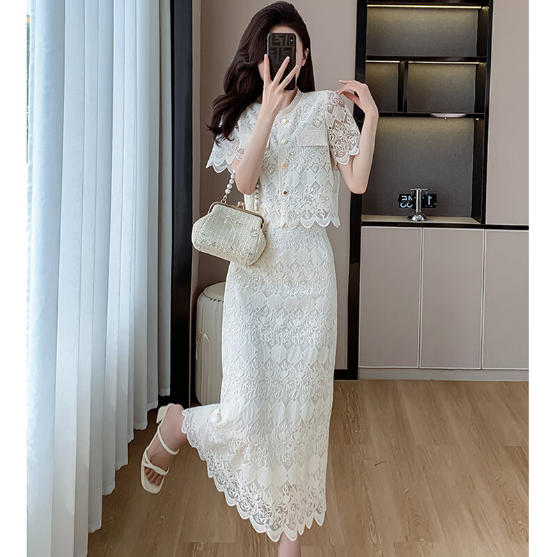 Summer Small Fragrance 2 Piece Sets Womens Elegant Lace Short Sleeve Single Breasted Shirt Tops + High Waist Skirts Sweet Suit
