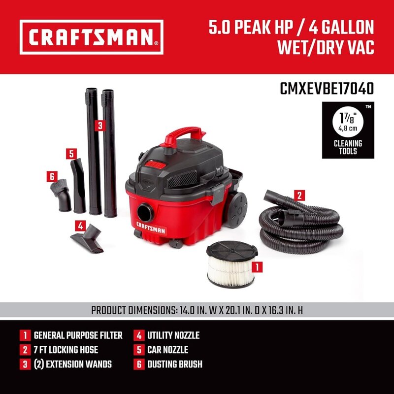 CMXEVBE17040 4 Gallon 5.0 Peak HP Wet/Dry Vac, Portable Shop Vacuum with Attachments