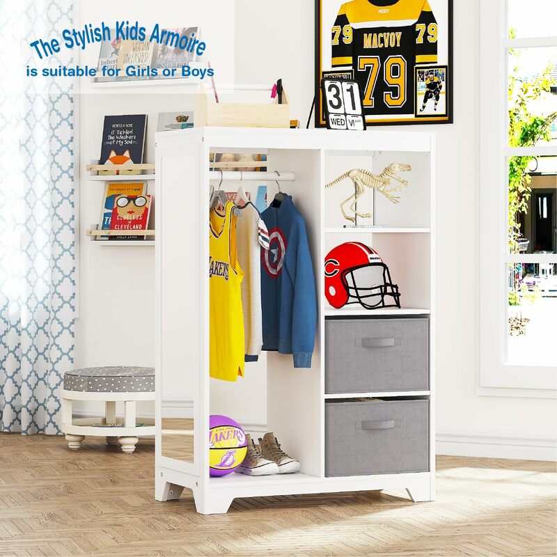 تخزين ملابس للأطفال مع مرآة كاملة الطول ، خزانة مع سلتين تخزين ، زي معلق ، خزانة ملابس
