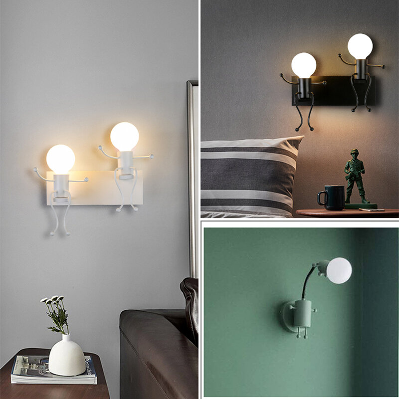 Modern Creative Wall Lamp Nordic Sconce Cartoon Doll Wall Light American Minimalism Metal Robot Lamps for Kids Baby Living room