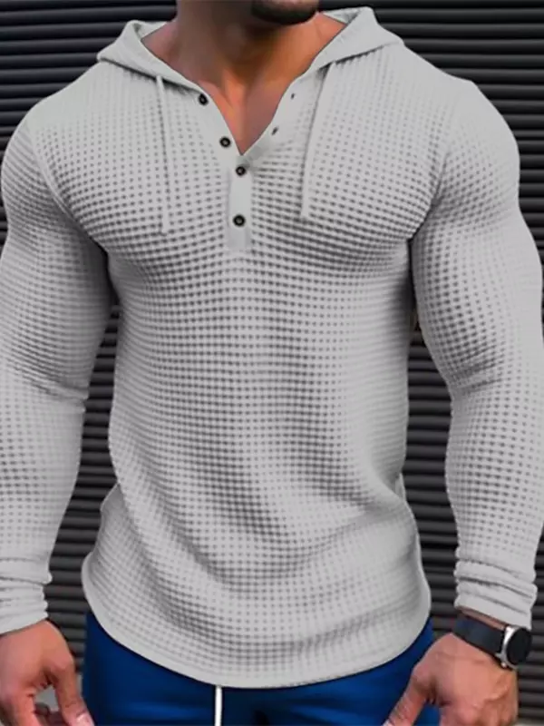 Kaus Lengan Panjang Slim Fit warna Solid, atasan olahraga bernapas berkerudung pria, kemeja lengan panjang kasual katun wafel