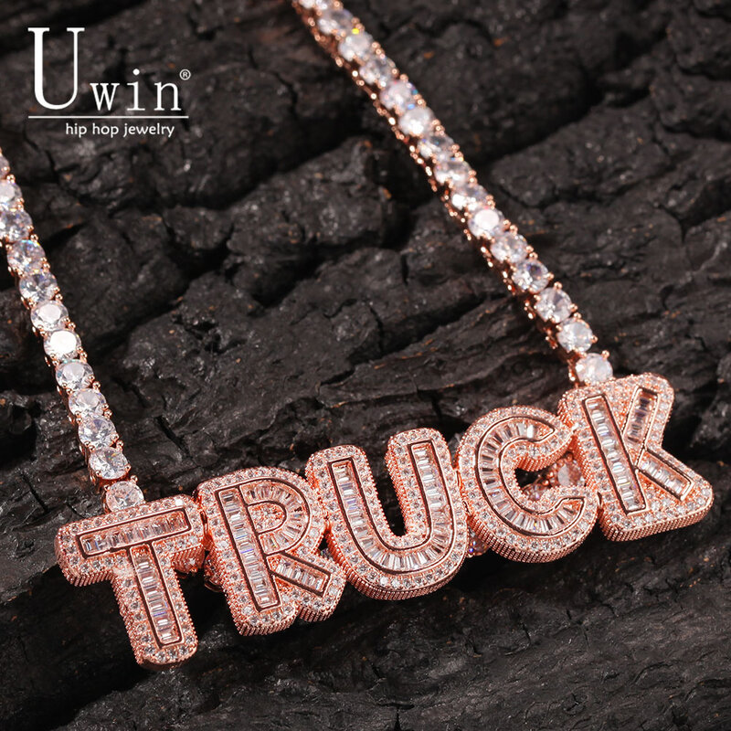 Uwin Name Necklace Baguette Letters With Tennis Chain Full Iced Out Zircon Pendant Gift HipHop Jewelry