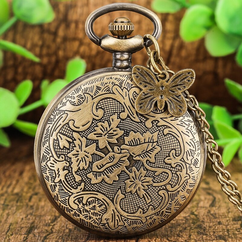 Collar de mariposa y Flor de bronce Retro, reloj de bolsillo de cuarzo, cadena colgante hueca, relojes Fob, reloj con accesorio de mariposa