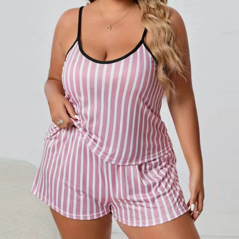 Summer New Plus-size Milk Silk Halter Shorts Pajama Set Women's Extra Loose Stretch Comfortable Print Pajama Casual Home Wear5XL