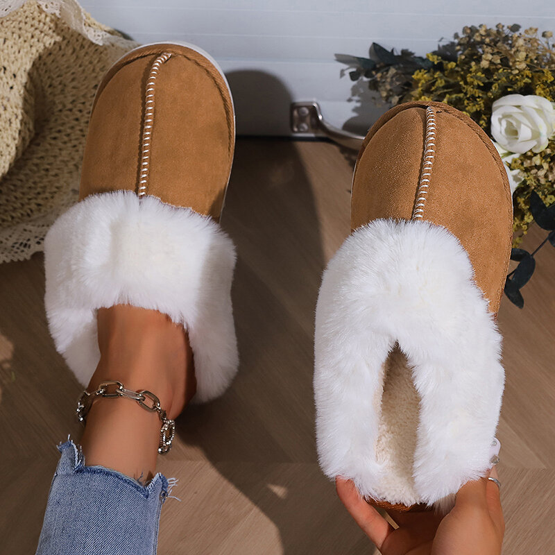 2023 Winter Warm Fur Indoor Home Slippers Women Faux Suede Closed Toe Couple Slippers Woman Comfort Soft Sole House Shoes Slides