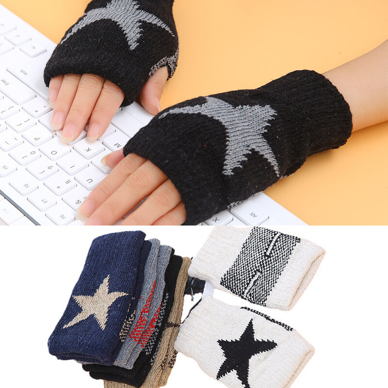Winter Warm Gloves Women Keep Half Finger Fingerless Gloves Star Printed Women Cute Wrist Hand Warmer Knitted Gloves