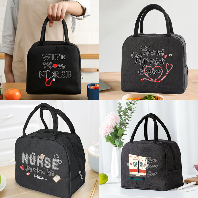 Insulated Lunch Bag  Zipper Cooler Tote Thermal Bag Lunch Box  Canvas Food Picnic Lunch Bags for Work Handbag Nurse Pattern