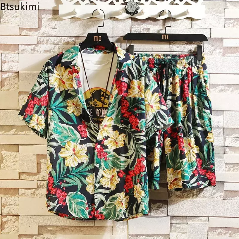 Nowe 2024 męskie letnie na co dzień 2 sztuki zestawy hawajskie koszule + zestawy z krótkimi spodenkami plażowe dla mężczyzn w stylu Streetwear z kwiatowym nadrukiem zestawy garniturów na wakacje