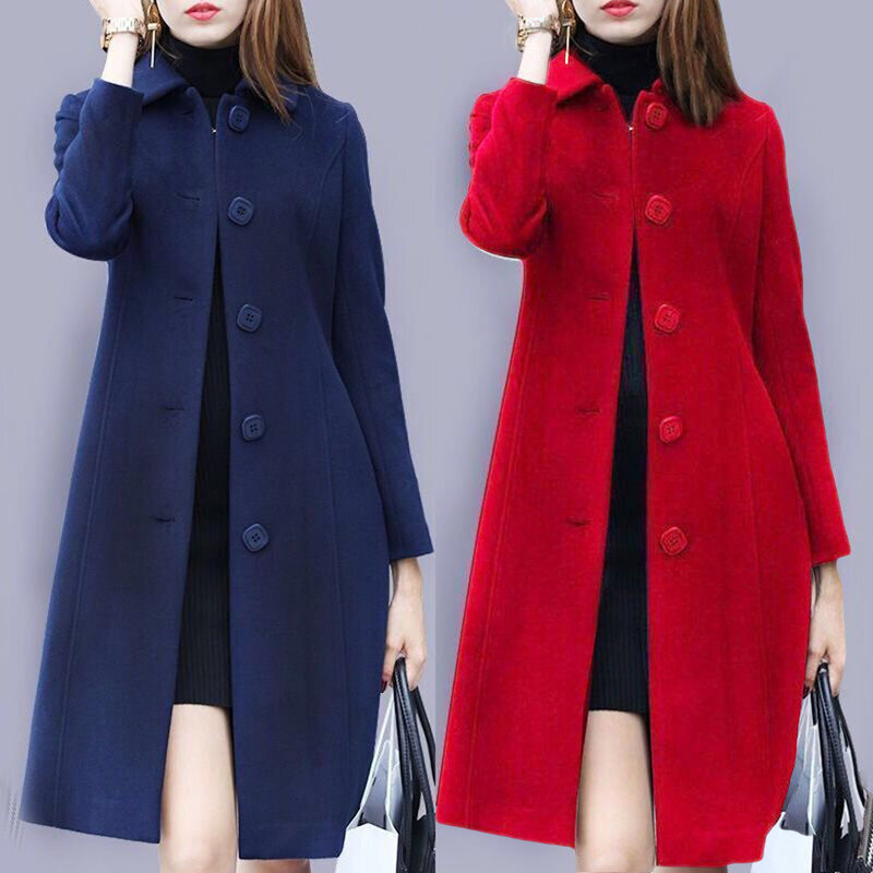 女性のミドル丈コート,無地のボタンが付いたシングルブレストの秋冬ジャケット,エレガントでソフトな襟,大きいサイズ,S-4XL
