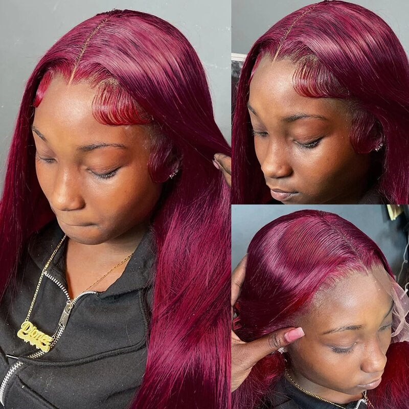 99J Wig Rambut Manusia Renda Depan Merah Wig Penutupan Depan Renda Transparan Burgundy 13X6 Wig Tanpa Lem untuk Wanita