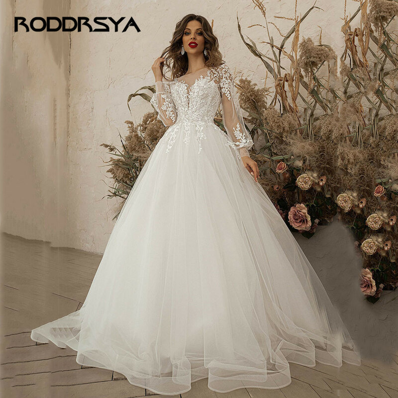 Roddrsya-アイボリーのウェディングドレス、長袖、アップリケレースアップ、スクープネック、Aラインチュール、自由奔放に生きる花嫁のドレス、ビーチ、2021、24