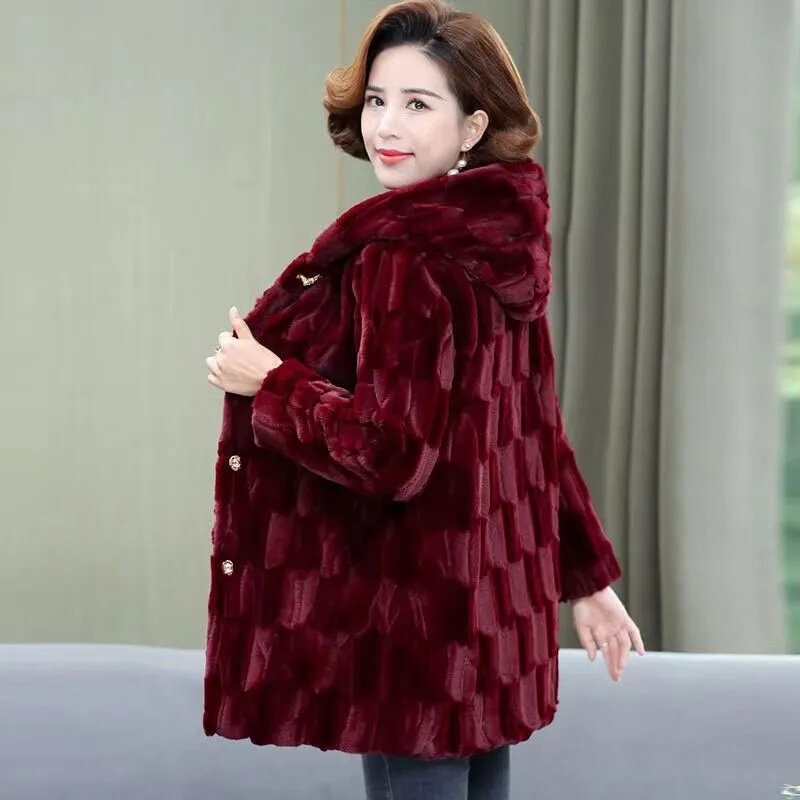 Pakaian musim dingin ibu baru mantel imitasi bulu Mink kualitas tinggi wanita paruh baya dan lansia bertudung mantel bulu tebal